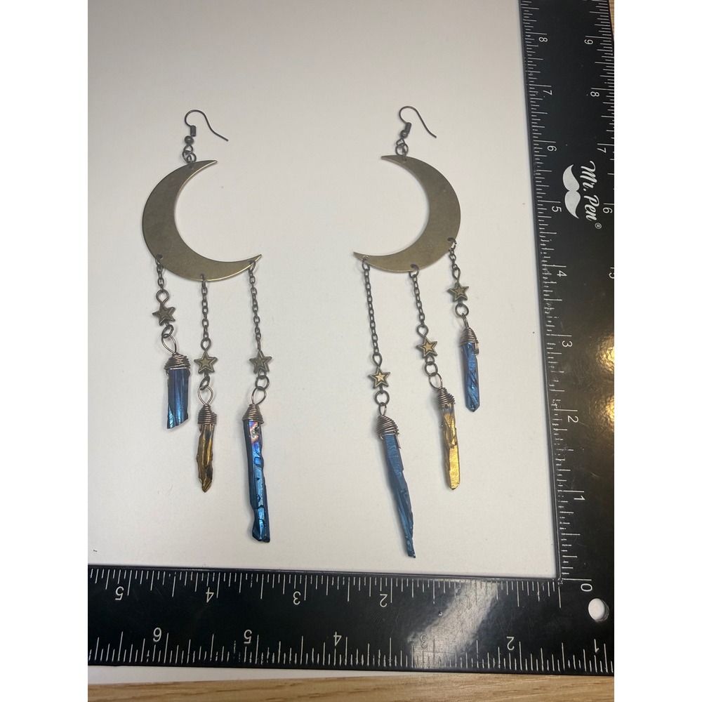 Celestial Crescent Moon Star Raw Aura Quartz Crystal‎ Dangle Earrings Blue Gold